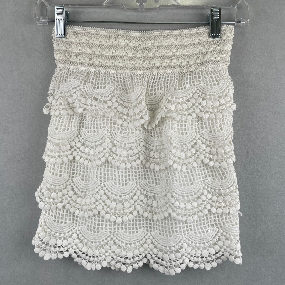 Shasa White Crochet Tiered Mini Skirt Scalloped Lace Boho Pom Pom Coquette Wmn S
